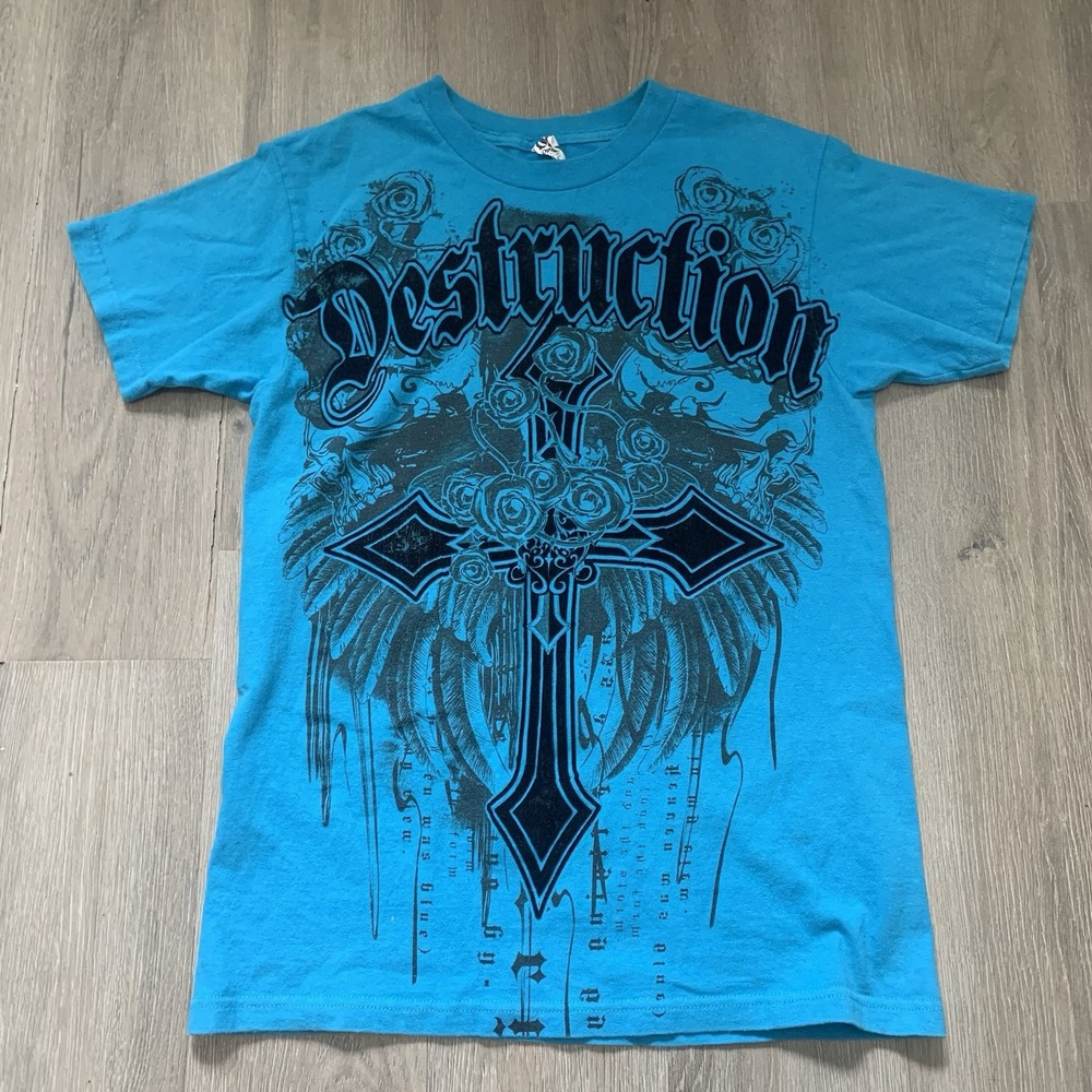 Vintage Y2k Gothic Cyber Grunge Destruction Shirt Cross Wings Size S Blue Optima